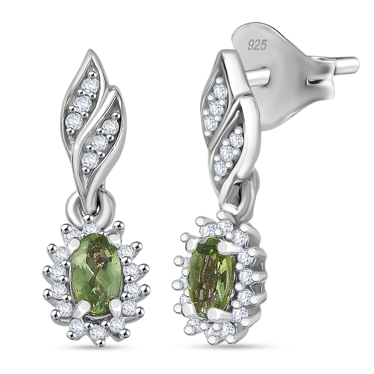 D'Joy Green Apatite, White Zircon Solitaire Stud Push Post Earring in Rhodium OverlaySterling Silver  0.872  Ct.