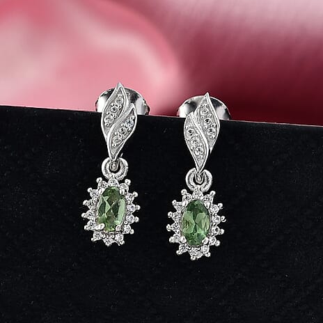 D'Joy Green Apatite, White Zircon Solitaire Stud Push Post Earring in Rhodium OverlaySterling Silver  0.872  Ct.