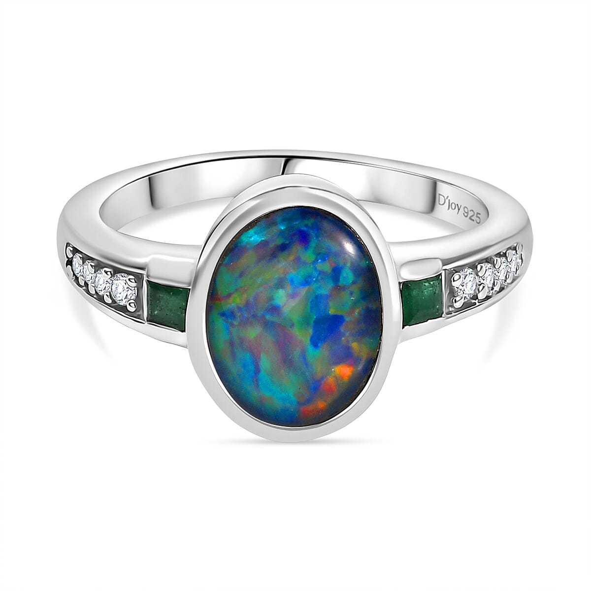 D'Joy Boulder Opal Triplet, Emerald & White Zircon Solitaire Ring in Rhodium Overlay Sterling Silver 1.66 Ct.