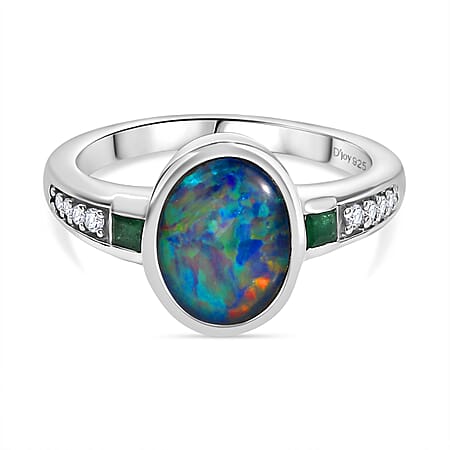 D'Joy Boulder Opal Triplet, Emerald & White Zircon Solitaire Ring in Rhodium Overlay Sterling Silver 1.66 Ct.