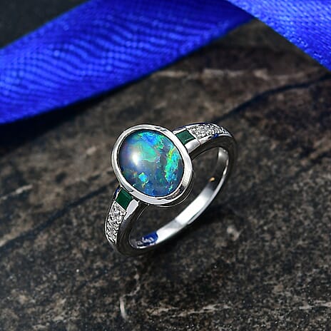 D'Joy Boulder Opal Triplet, Emerald, White Zircon Solitaire Ring in Rhodium OverlaySterling Silver  1.657  Ct.
