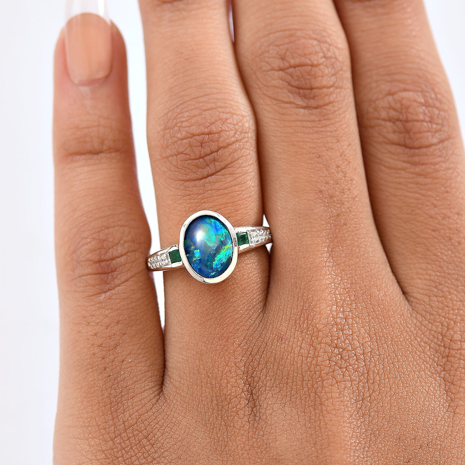 D'Joy Boulder Opal Triplet, Emerald & White Zircon Solitaire Ring in Rhodium Overlay Sterling Silver 1.66 Ct.