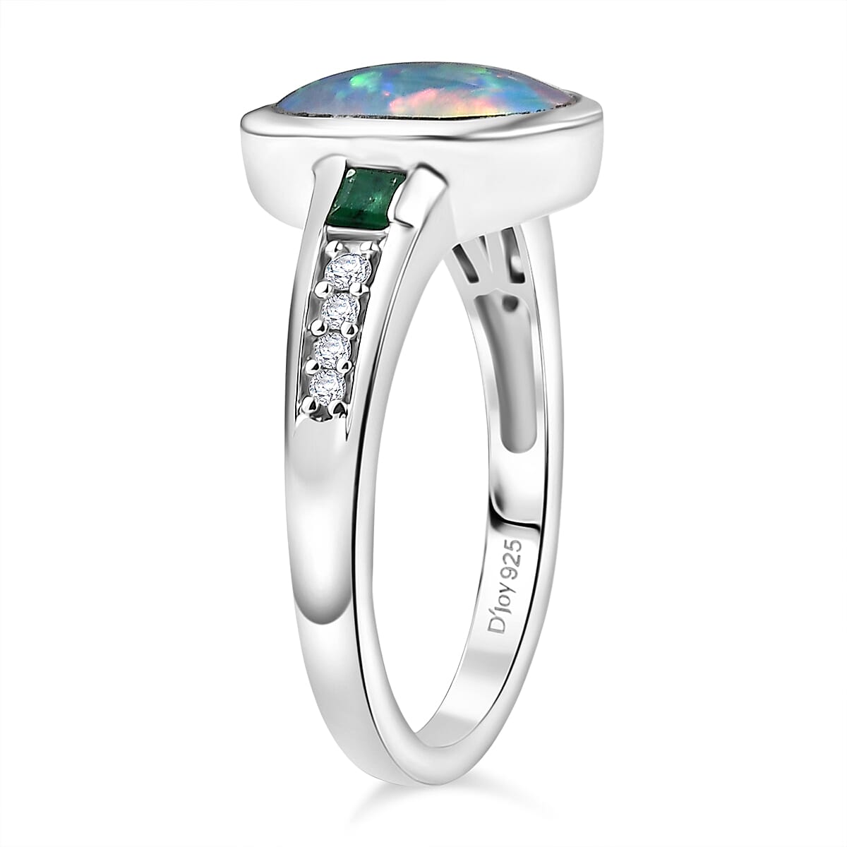 D'Joy Boulder Opal Triplet, Emerald & White Zircon Solitaire Ring in Rhodium Overlay Sterling Silver 1.66 Ct.