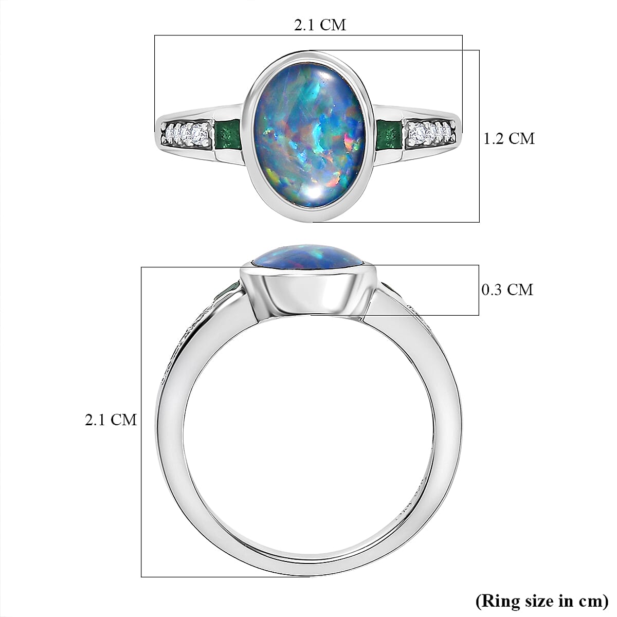 D'Joy Boulder Opal Triplet, Emerald & White Zircon Solitaire Ring in Rhodium Overlay Sterling Silver 1.66 Ct.