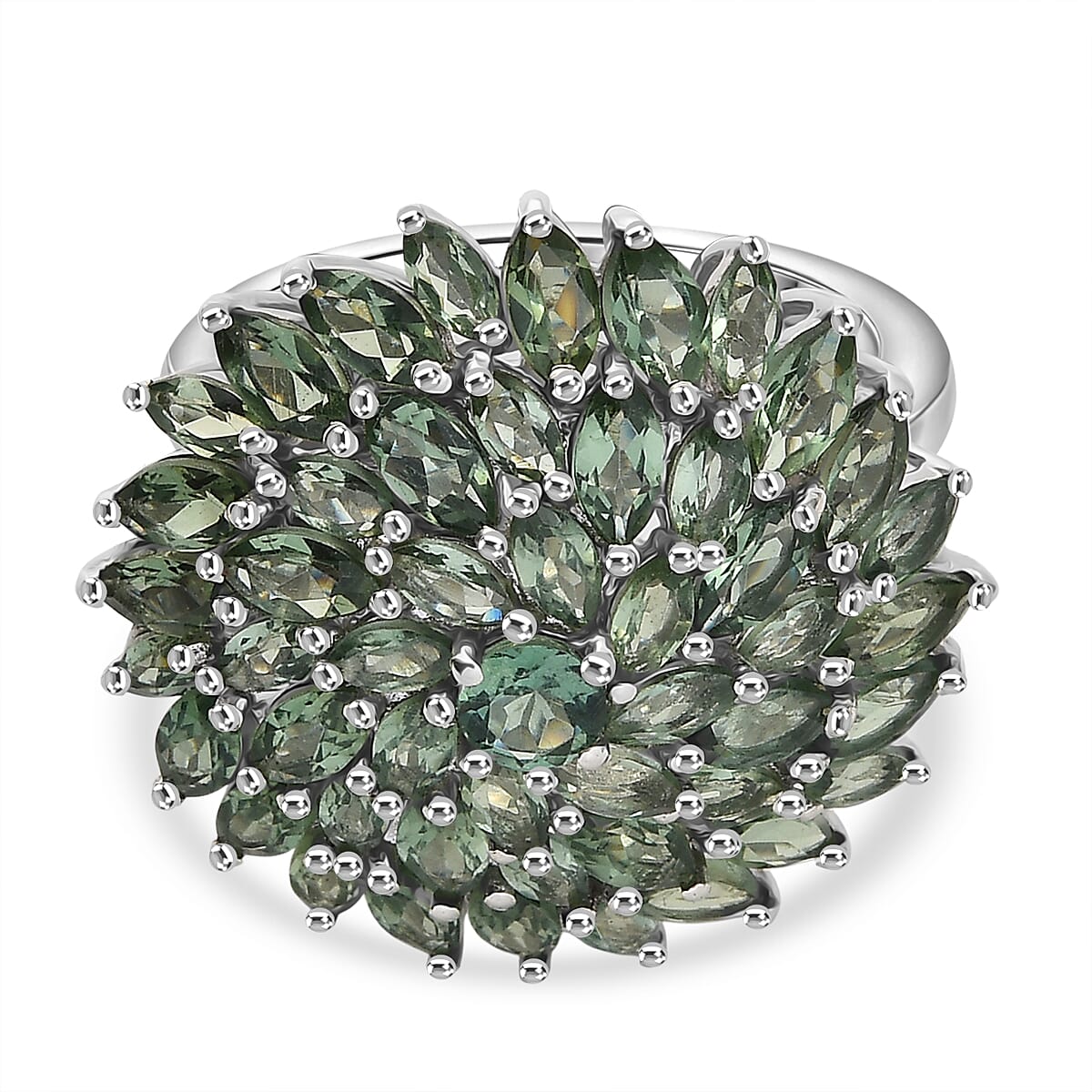 D'Joy Green Apatite Cluster Ring in Rhodium Overlay Sterling Silver 6.41 Ct, Silver Wt. 6.09 Gms.