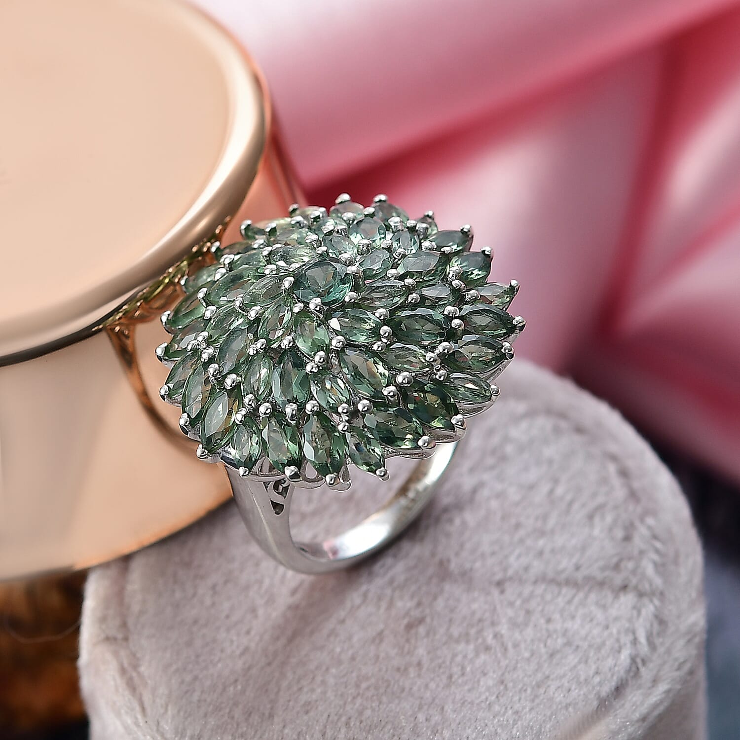 D'Joy Green Apatite Cluster Ring in Rhodium Overlay Sterling Silver 6.41 Ct, Silver Wt. 6.09 Gms.