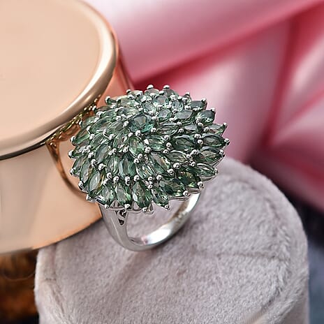 D'Joy Green Apatite Cluster Ring in Rhodium Overlay Sterling Silver 6.41 Ct, Silver Wt. 6.09 Gms.