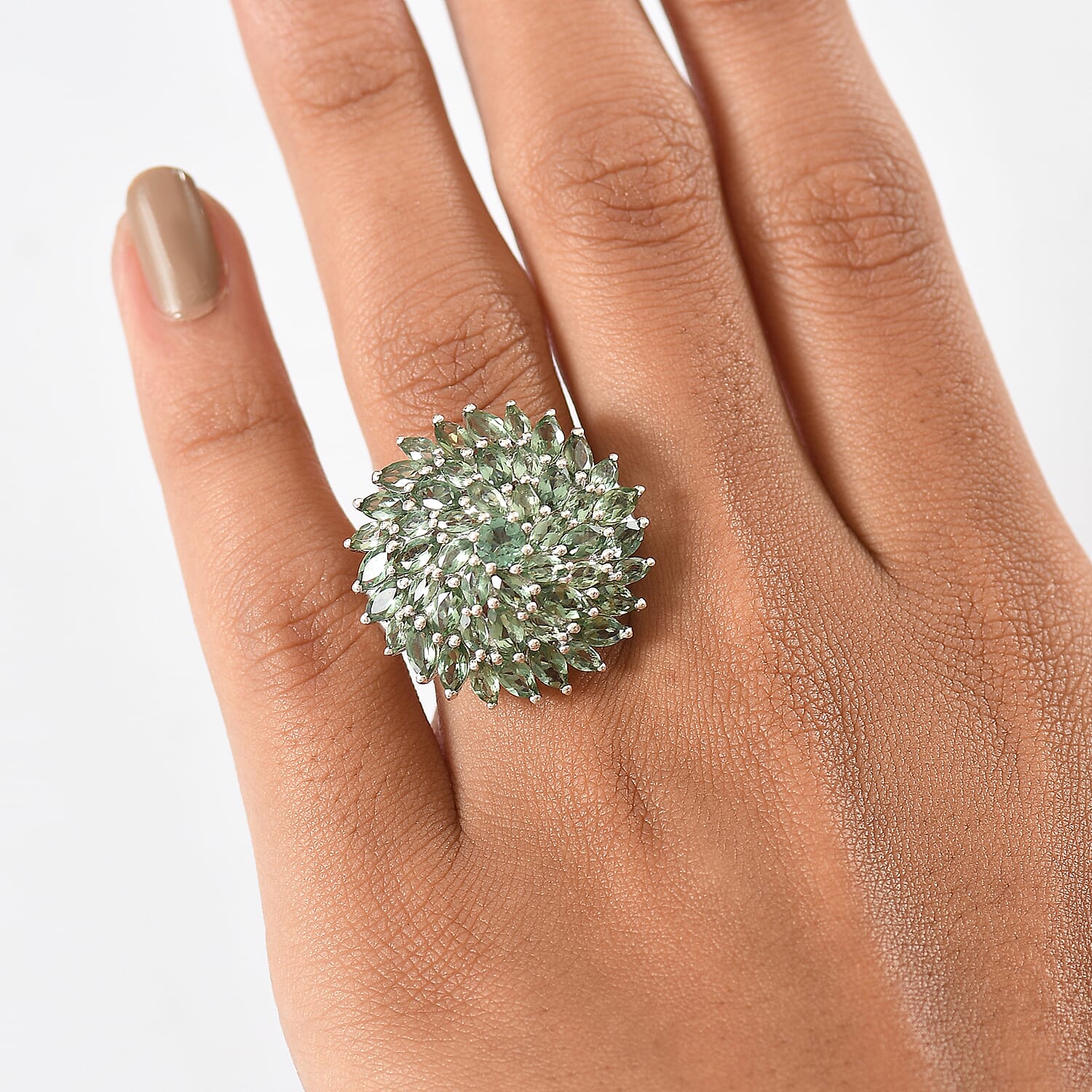 D'Joy Green Apatite Cluster Ring in Rhodium Overlay Sterling Silver 6.41 Ct, Silver Wt. 6.09 Gms.