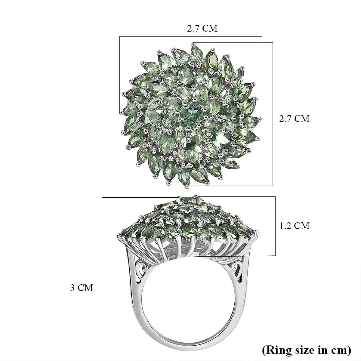 D'Joy Green Apatite Cluster Ring in Rhodium Overlay Sterling Silver 6.41 Ct, Silver Wt. 6.09 Gms.