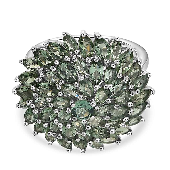 D'Joy Natural Tanzanian Green Apatite Cluster Ring in Rhodium Overlay Sterling Silver 6.41 Ct, Silver Wt. 6.09 Gms.