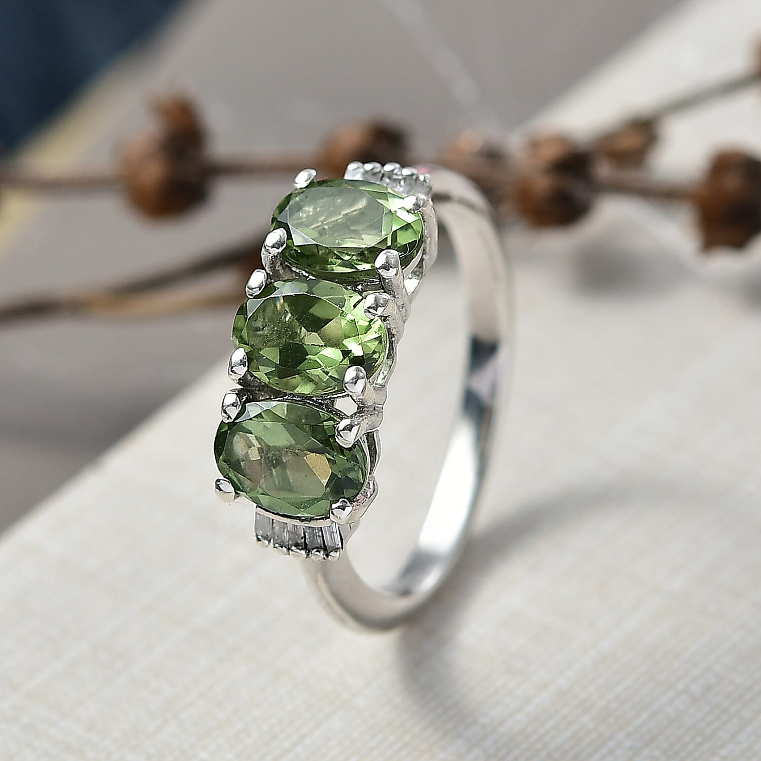 D'Joy Green Apatite & White Diamond Ring in Rhodium Overlay Sterling Silver 2.59 Ct.