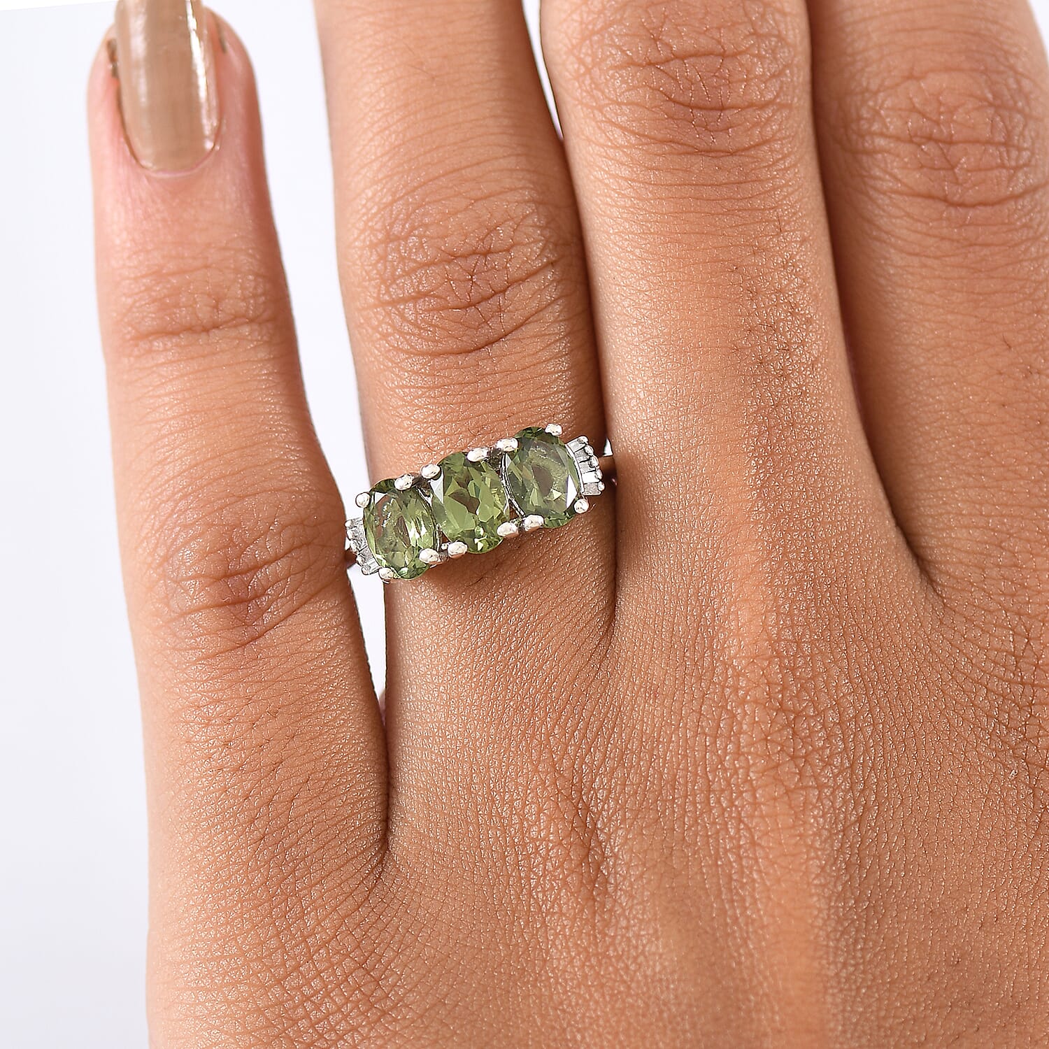 D'Joy Green Apatite & White Diamond Ring in Rhodium Overlay Sterling Silver 2.59 Ct.