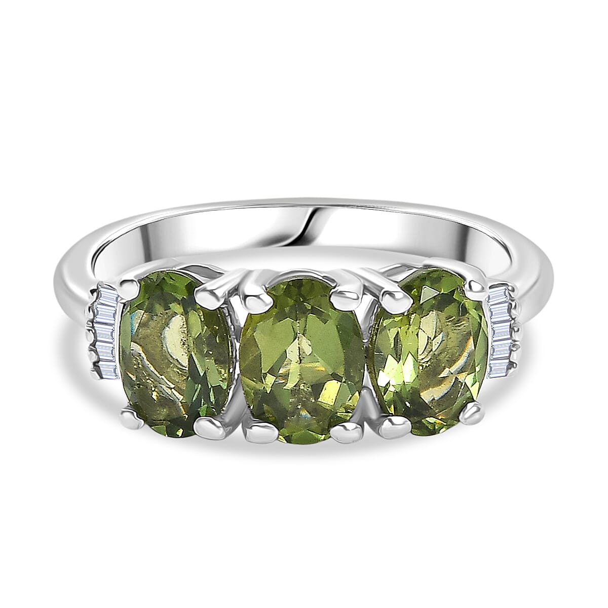 D'Joy Natural Tanzanian Green Apatite & White Diamond Trilogy Ring in Rhodium Overlay Sterling Silver 2.59 Ct.