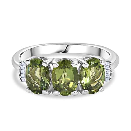 D'Joy Natural Tanzanian Green Apatite & White Diamond Trilogy Ring in Rhodium Overlay Sterling Silver 2.59 Ct.