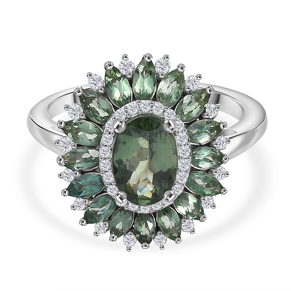 D'Joy Green Apatite & Moissanite Ring in Rhodium Overlay Sterling Silver 2.95 Ct.