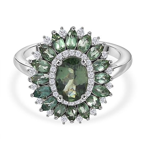 D'Joy Green Apatite & Moissanite Ring in Rhodium Overlay Sterling Silver 2.95 Ct.