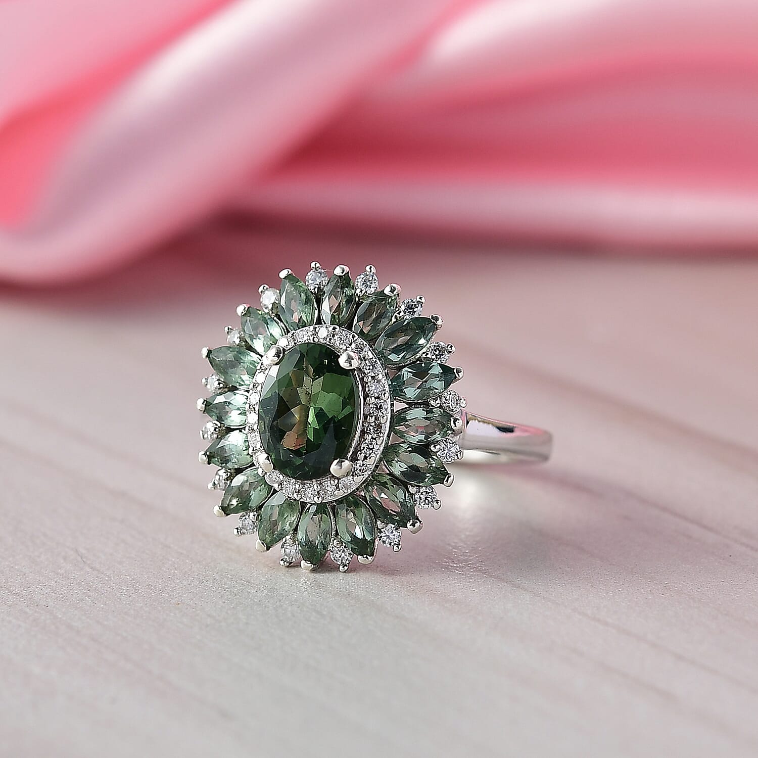 D'Joy Green Apatite & Moissanite Ring in Rhodium Overlay Sterling Silver 2.95 Ct.