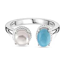 D'Joy Sleeping Beauty Turquoise & Fresh Water Pearl Ring in Rhodium Overlay Sterling Silver 1.70 Ct.