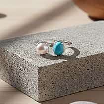 D'Joy Sleeping Beauty Turquoise & Fresh Water Pearl Ring in Rhodium Overlay Sterling Silver 1.70 Ct.