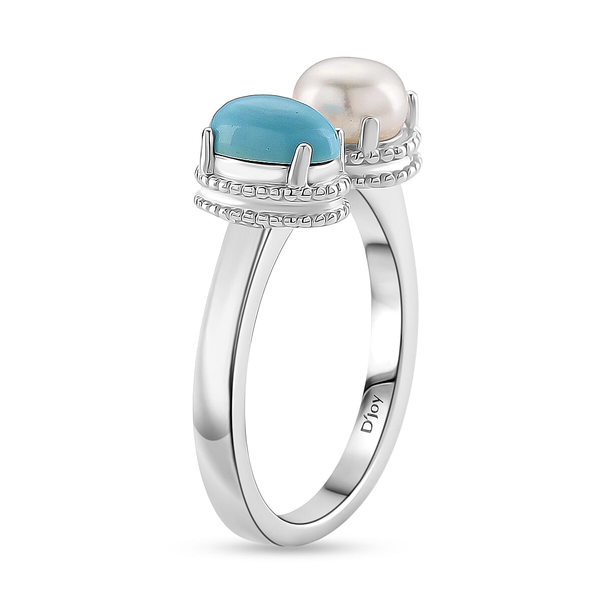 D'Joy Sleeping Beauty Turquoise & Fresh Water Pearl Ring in Rhodium Overlay Sterling Silver 1.70 Ct.