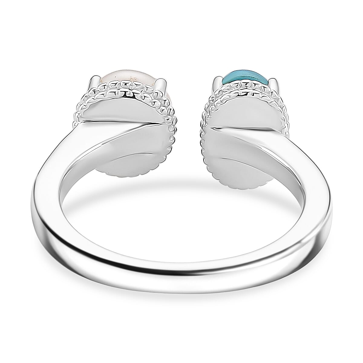 D'Joy Sleeping Beauty Turquoise & Fresh Water Pearl Ring in Rhodium Overlay Sterling Silver 1.70 Ct.