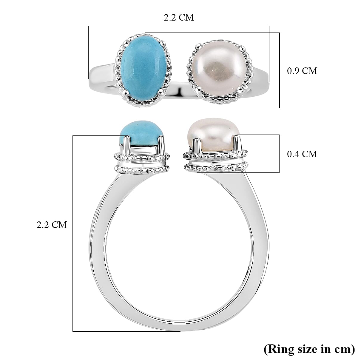 D'Joy Sleeping Beauty Turquoise & Fresh Water Pearl Ring in Rhodium Overlay Sterling Silver 1.70 Ct.