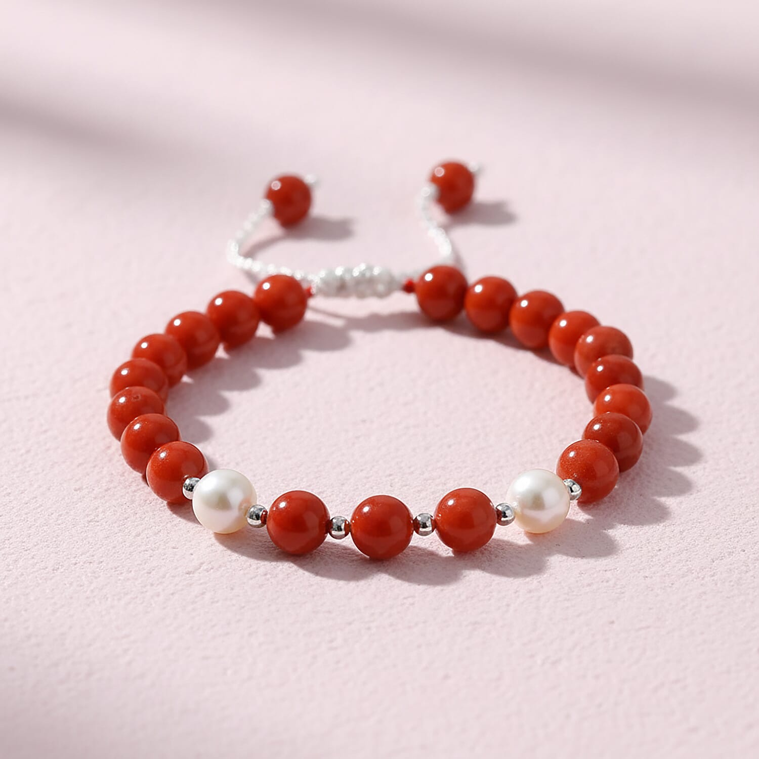 D'Joy Enhanced Red Jade & White Fresh Water Pearl Beads Bracelet (Size 7 - 2 Ext) in Rhodium Overlay Sterling Silver 80.00 Ct.