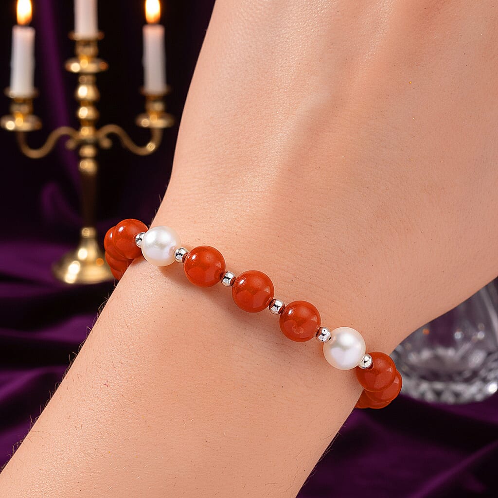 D'Joy Enhanced Red Jade & White Fresh Water Pearl Beads Bracelet (Size 7 - 2 Ext) in Rhodium Overlay Sterling Silver 80.00 Ct.
