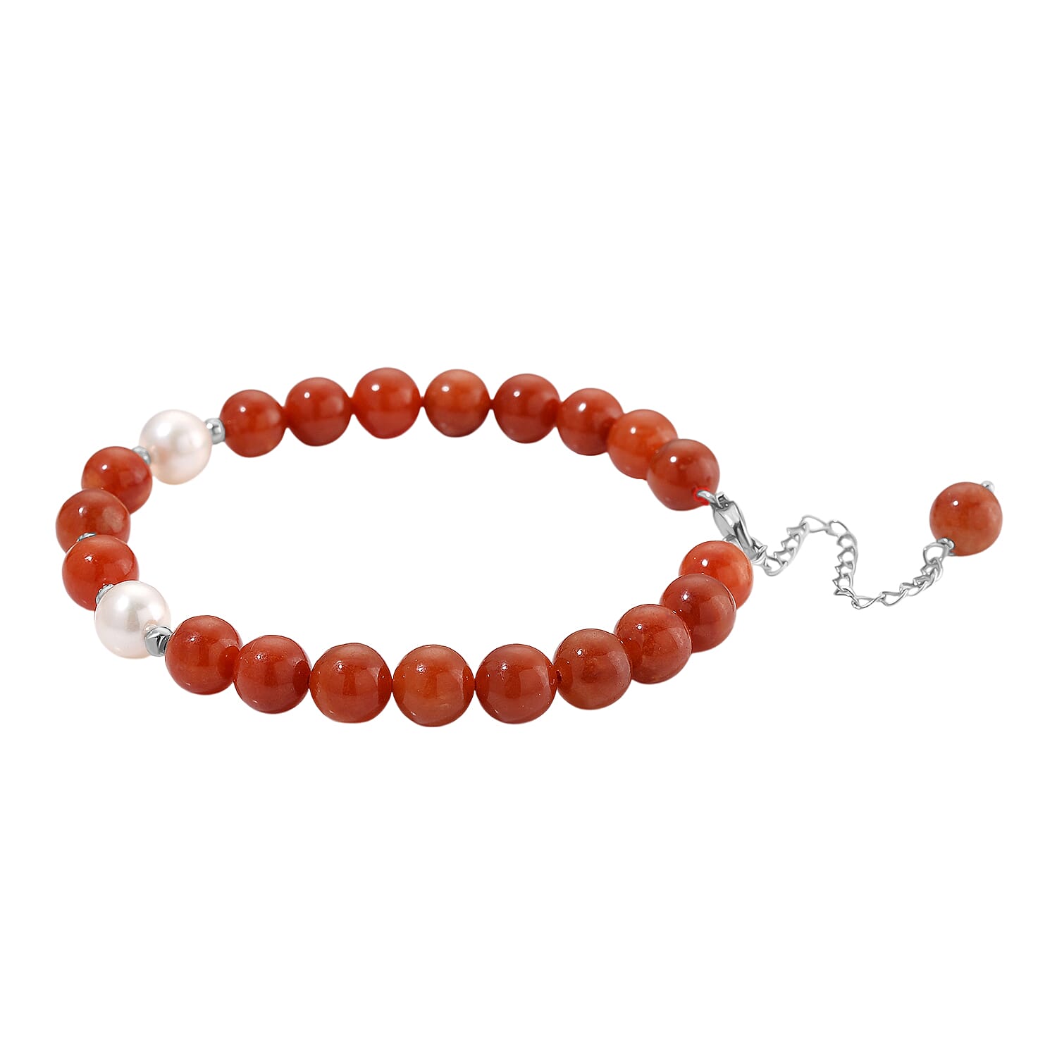D'Joy Enhanced Red Jade & White Fresh Water Pearl Beads Bracelet (Size 7 - 2 Ext) in Rhodium Overlay Sterling Silver 80.00 Ct.