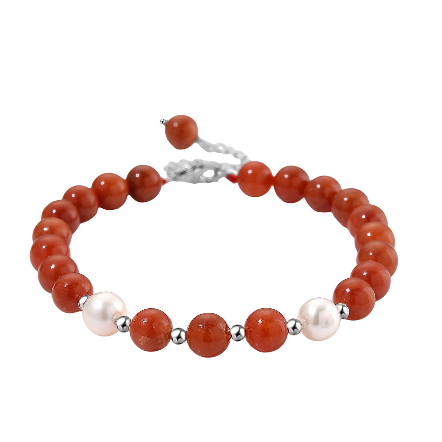 D'Joy Enhanced Red Jade & White Fresh Water Pearl Beads Bracelet (Size 7 - 2 Ext) in Rhodium Overlay Sterling Silver 80.00 Ct.