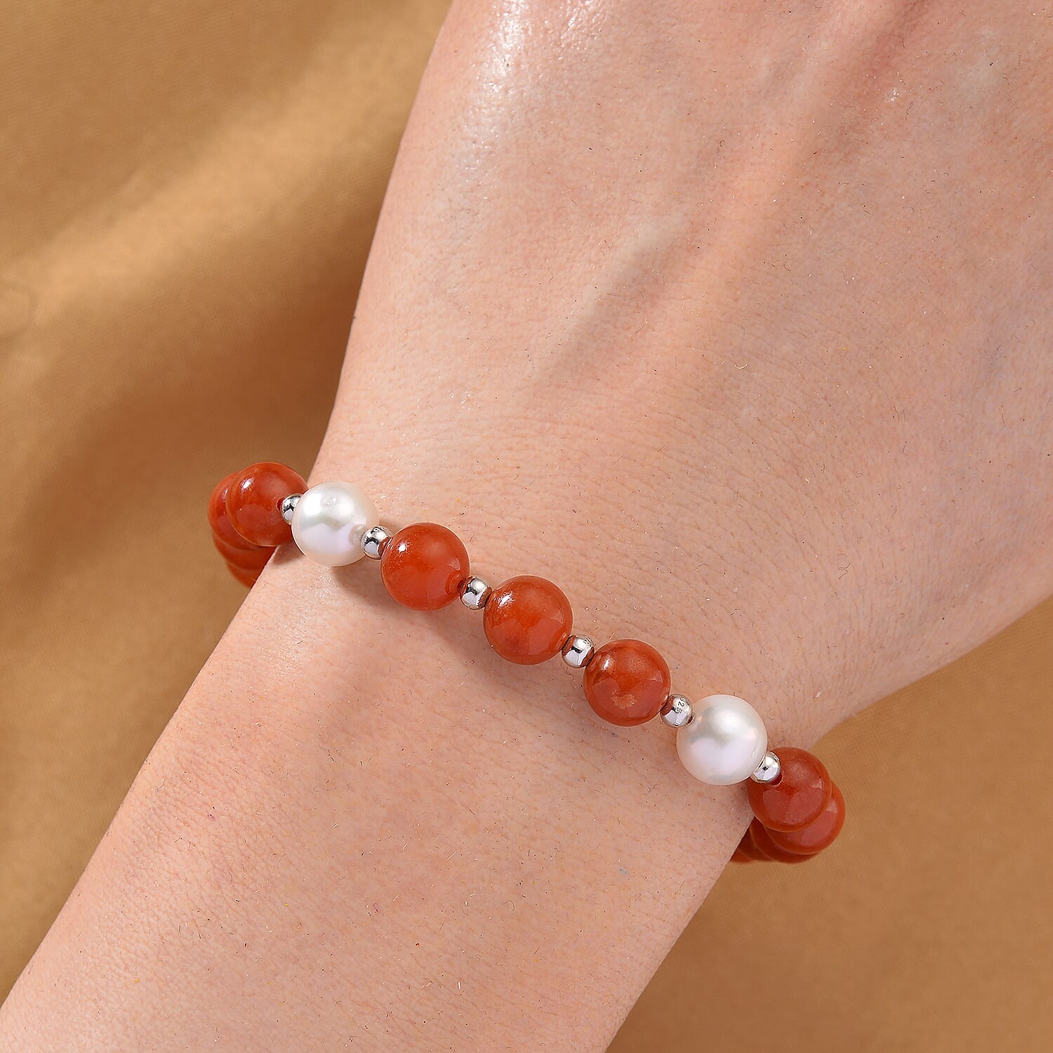 D'Joy Enhanced Red Jade & White Fresh Water Pearl Beads Bracelet (Size 7 - 2 Ext) in Rhodium Overlay Sterling Silver 80.00 Ct.