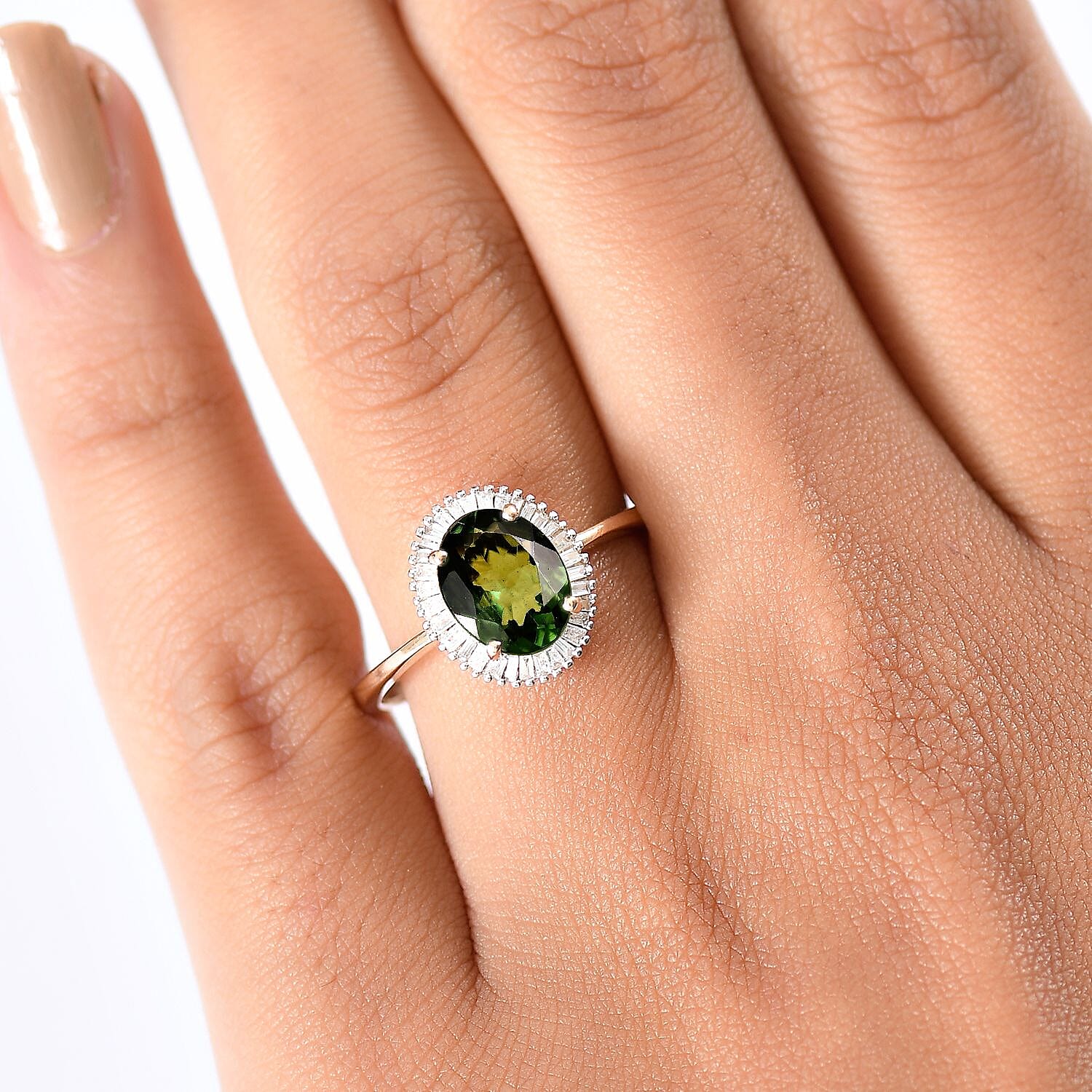 9K Yellow Gold AAA Green Apatite & White Diamond Ring 1.99 Ct.