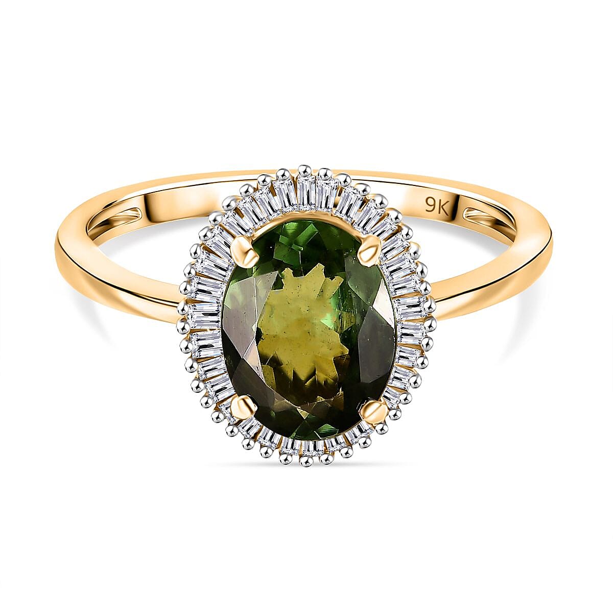 Biggest Size - AAA Natural Tanzanian Green Apatite (OV9x7) & White Diamond Halo Ring in 9K Yellow Gold 2.00 Ct.