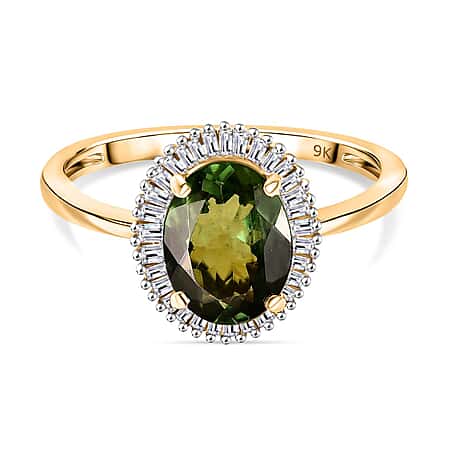 Biggest Size - AAA Natural Tanzanian Green Apatite (OV9x7) & White Diamond Halo Ring in 9K Yellow Gold 2.00 Ct.