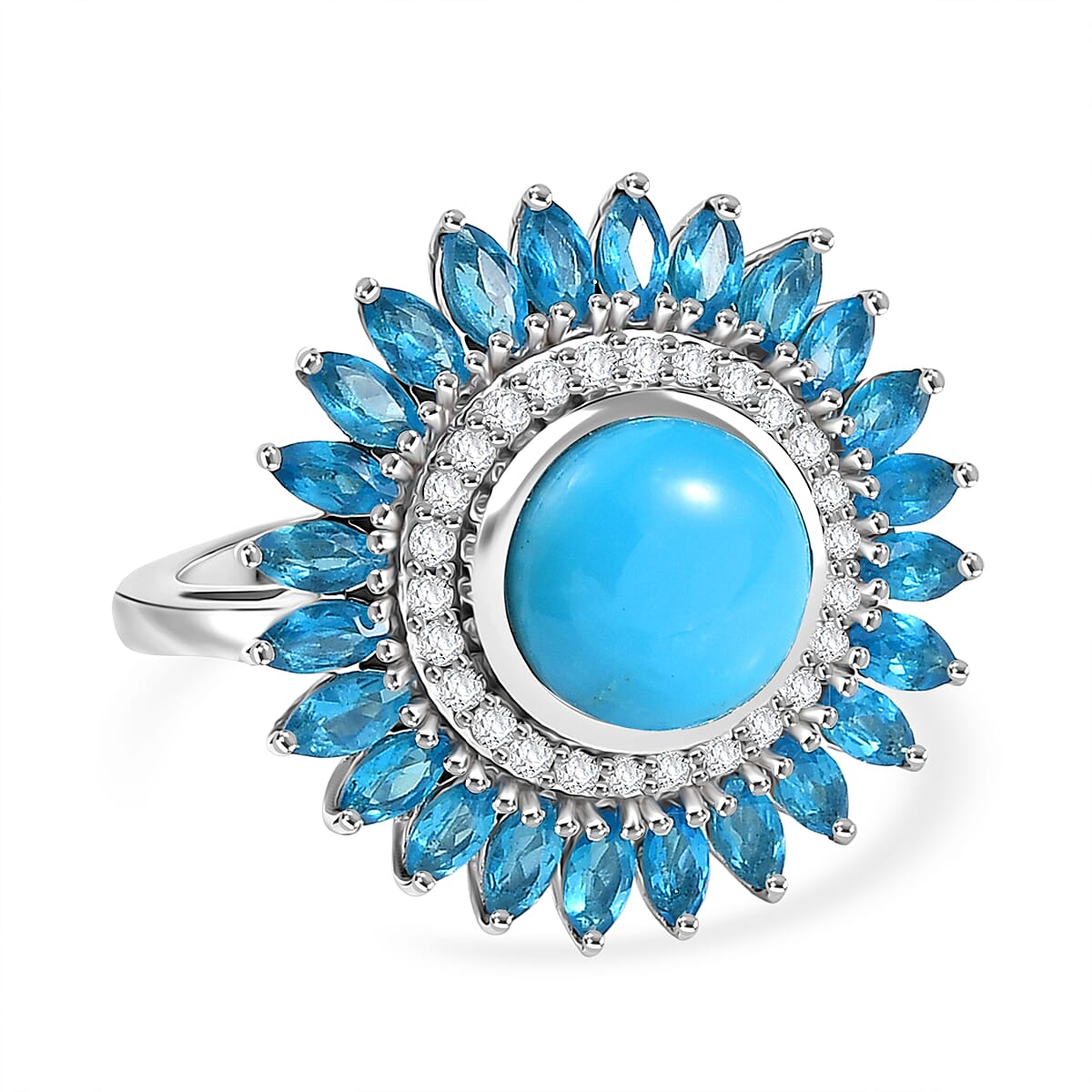 D'Joy Sleeping Beauty Turquoise, White Zircon & Neon Apatite Ring in Rhodium Overlay Sterling Silver 5.07 Ct.