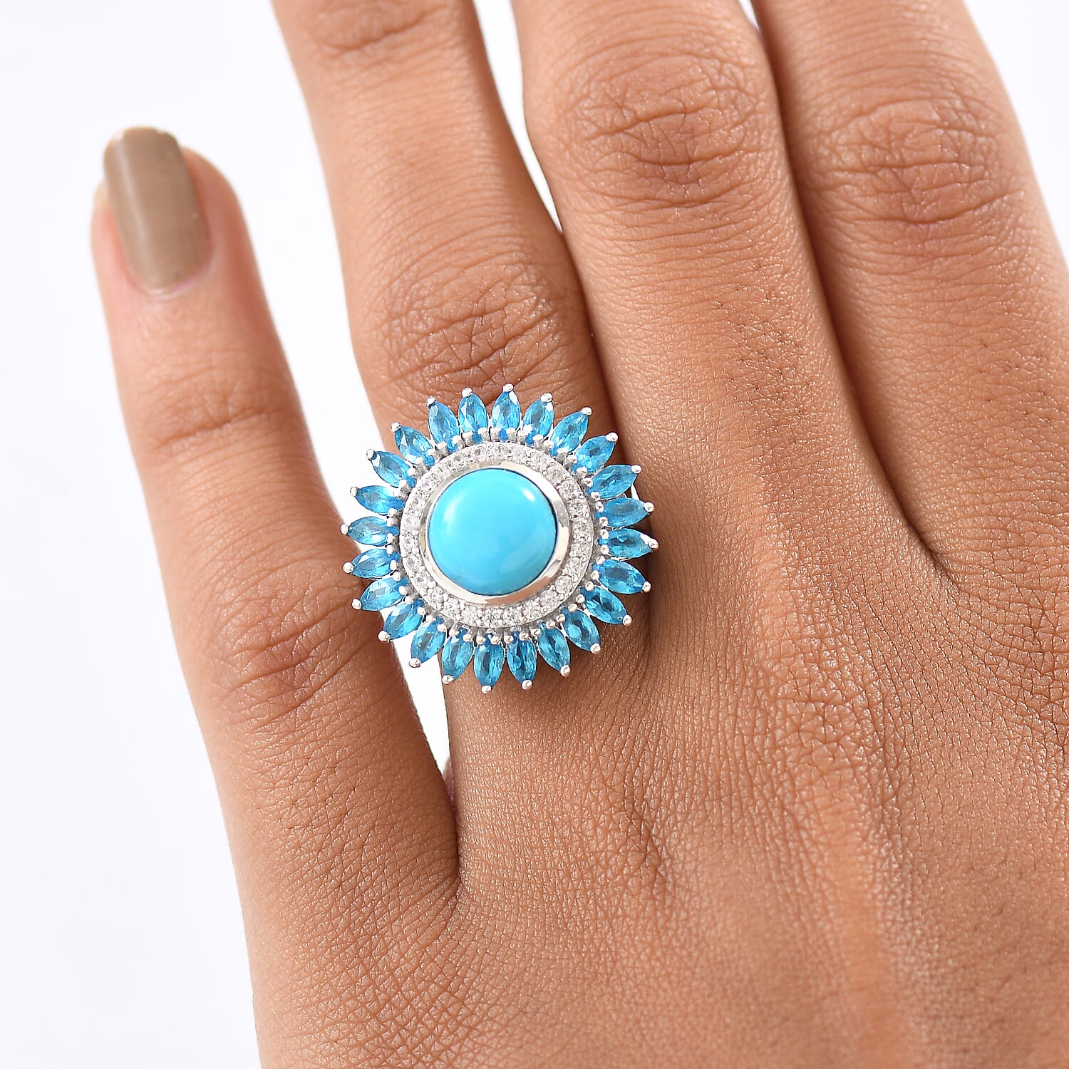 D'Joy Sleeping Beauty Turquoise, White Zircon & Neon Apatite Ring in Rhodium Overlay Sterling Silver 5.07 Ct.