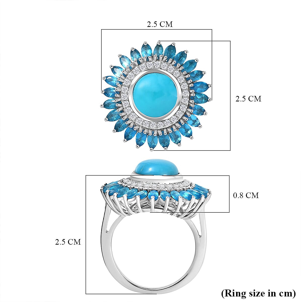 D'Joy Sleeping Beauty Turquoise, White Zircon & Neon Apatite Ring in Rhodium Overlay Sterling Silver 5.07 Ct.