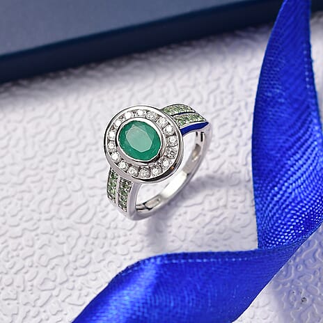 D'Joy Emerald, Tsavorite Garnet & Moissanite Ring in Rhodium Overlay Sterling Silver 2.01 Ct.