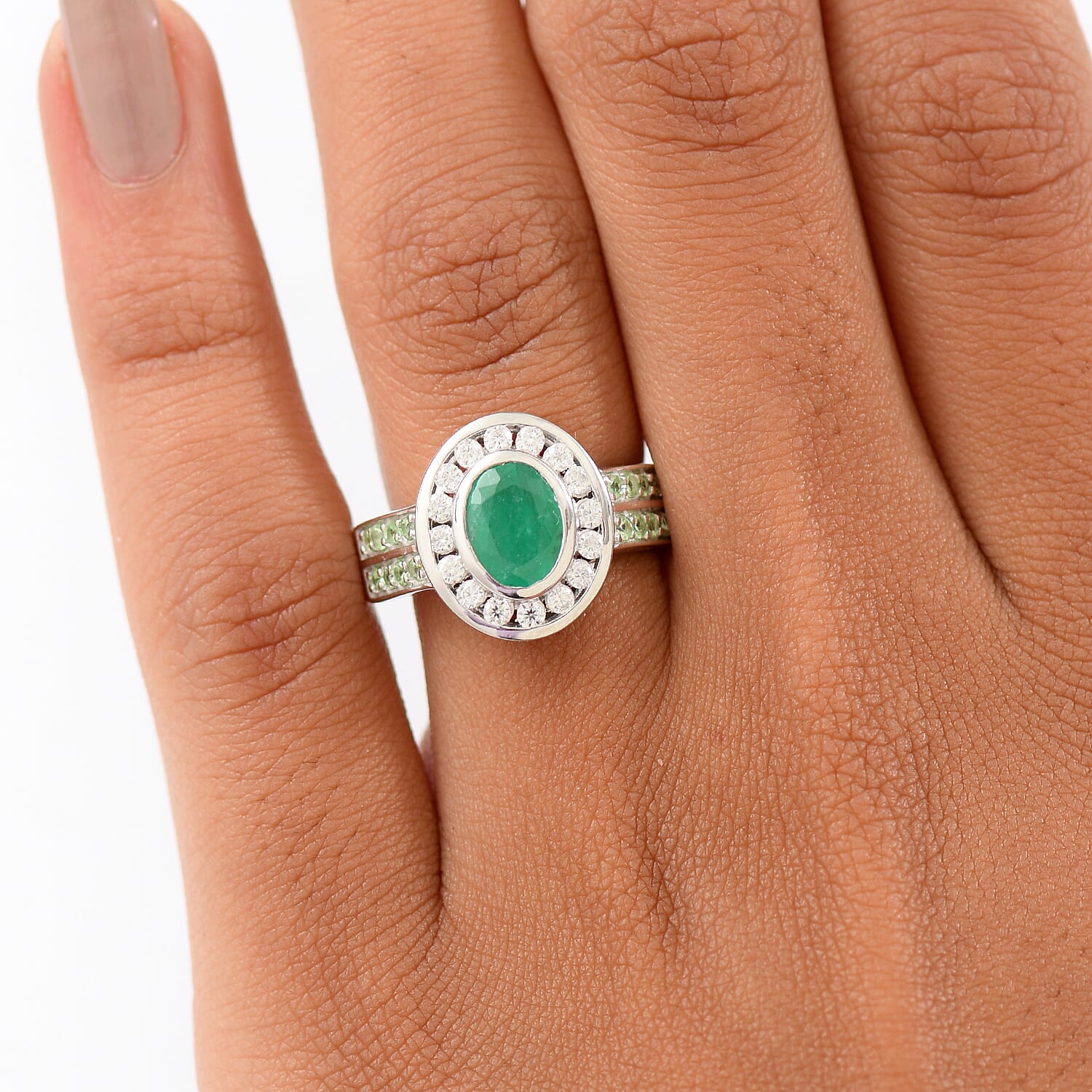 D'Joy Emerald, Tsavorite Garnet & Moissanite Ring in Rhodium Overlay Sterling Silver 2.01 Ct.