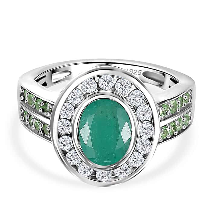 D'Joy Emerald, Tsavorite Garnet & Moissanite Ring in Rhodium Overlay Sterling Silver 2.01 Ct.