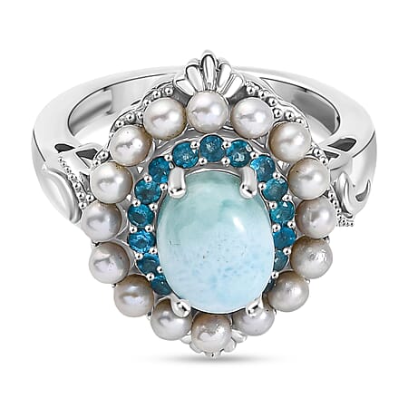 D'Joy Larimar, Fresh Water Pearl & Neon Apatite Cluster Ring in Rhodium Overlay Sterling Silver 4.21 Ct, SIlver Wt. 5.62 Gms. D'Joy Larimar, Fresh Water Pearl & Neon Apatite Cluster Ring in Rhodium Overlay Sterling Silver 4.21 Ct, SIlver Wt. 5.62 Gms.