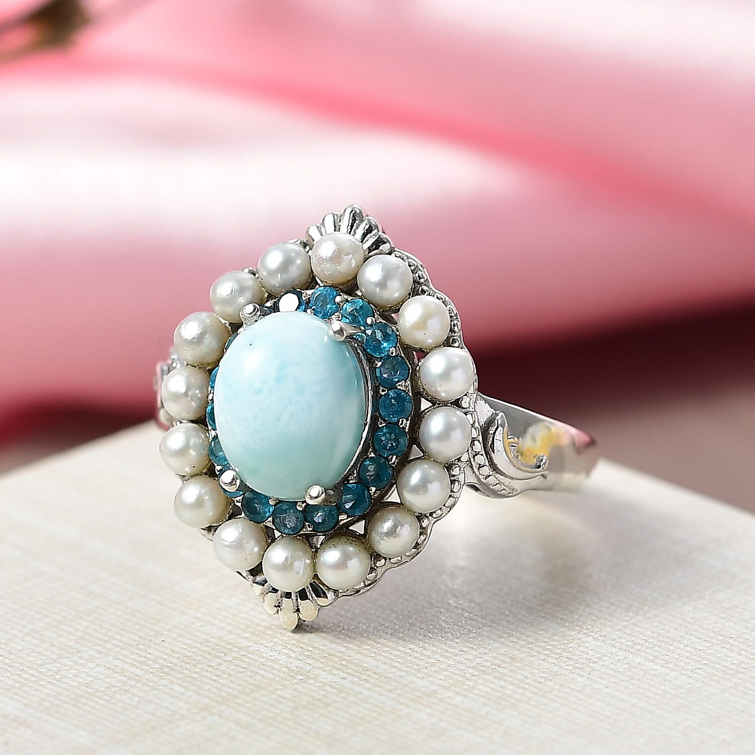 D'Joy Larimar, Fresh Water Pearl & Neon Apatite Cluster Ring in Rhodium Overlay Sterling Silver 4.21 Ct, SIlver Wt. 5.62 Gms.