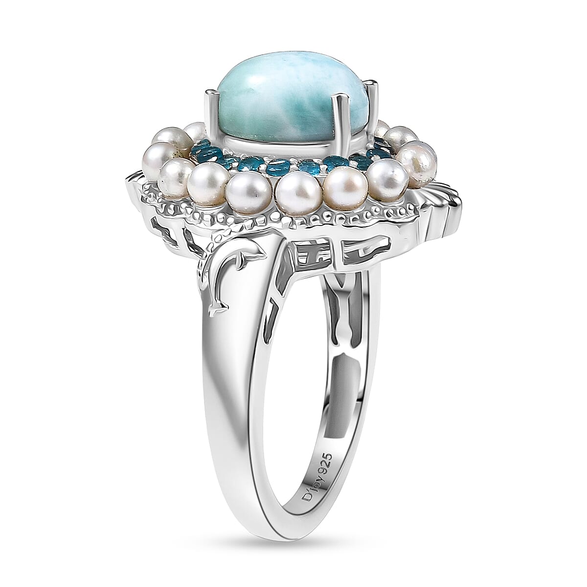 D'Joy Larimar, Fresh Water Pearl & Neon Apatite Cluster Ring in Rhodium Overlay Sterling Silver 4.21 Ct, SIlver Wt. 5.62 Gms.
