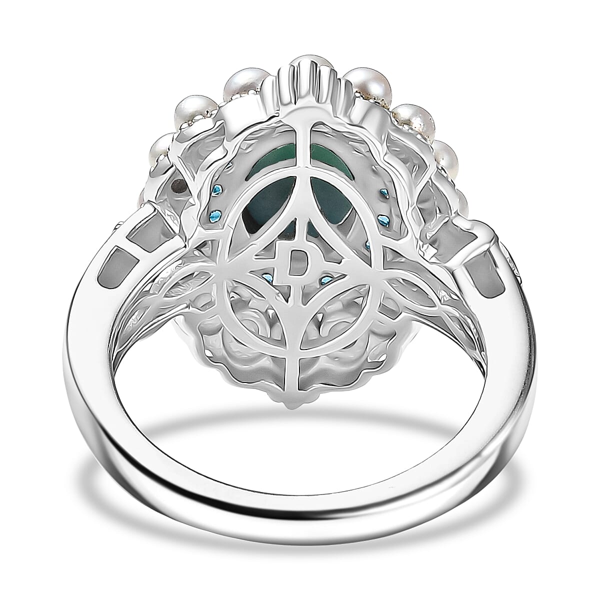 D'Joy Larimar, Fresh Water Pearl & Neon Apatite Cluster Ring in Rhodium Overlay Sterling Silver 4.21 Ct, SIlver Wt. 5.62 Gms.