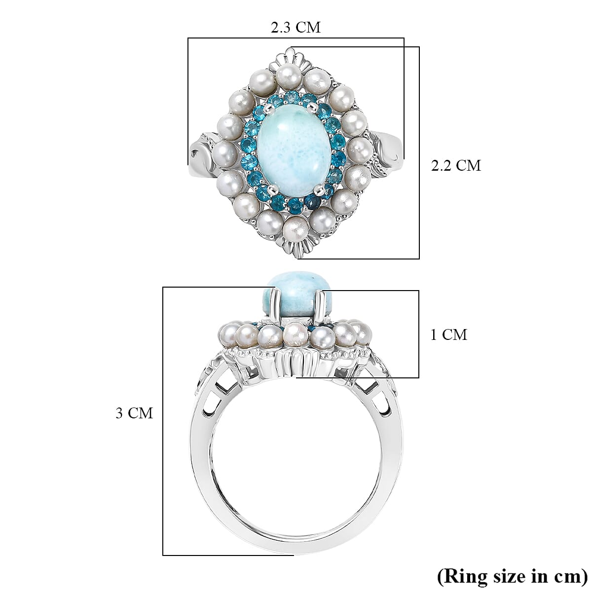 D'Joy Larimar, Fresh Water Pearl & Neon Apatite Cluster Ring in Rhodium Overlay Sterling Silver 4.21 Ct, SIlver Wt. 5.62 Gms.