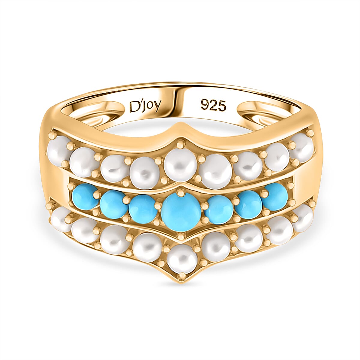 D'Joy Sleeping Beauty Turquoise & Fresh Water Pearl Ring in Yellow Gold Plated Sterling Silver 1.46 Ct.