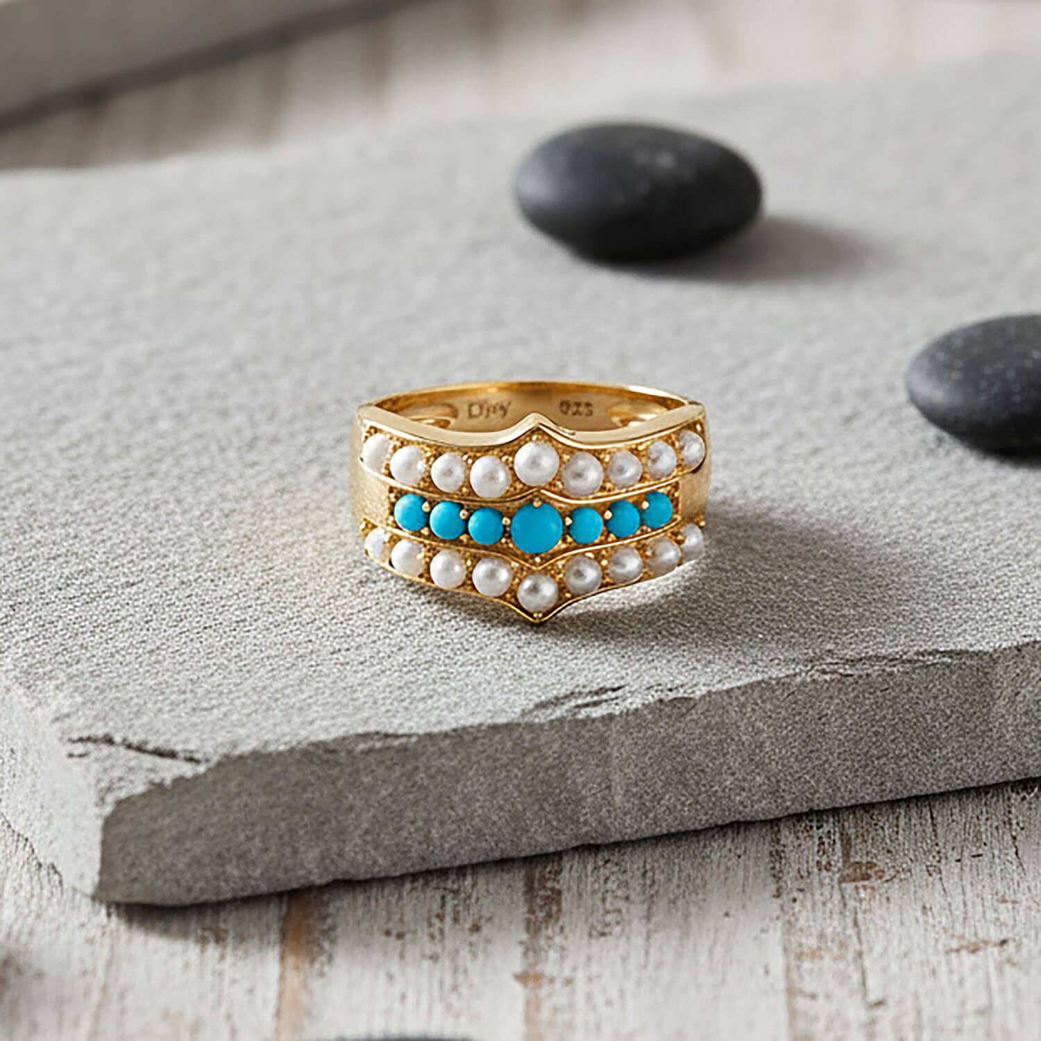 D'Joy Sleeping Beauty Turquoise & Fresh Water Pearl Ring in Yellow Gold Plated Sterling Silver 1.46 Ct.