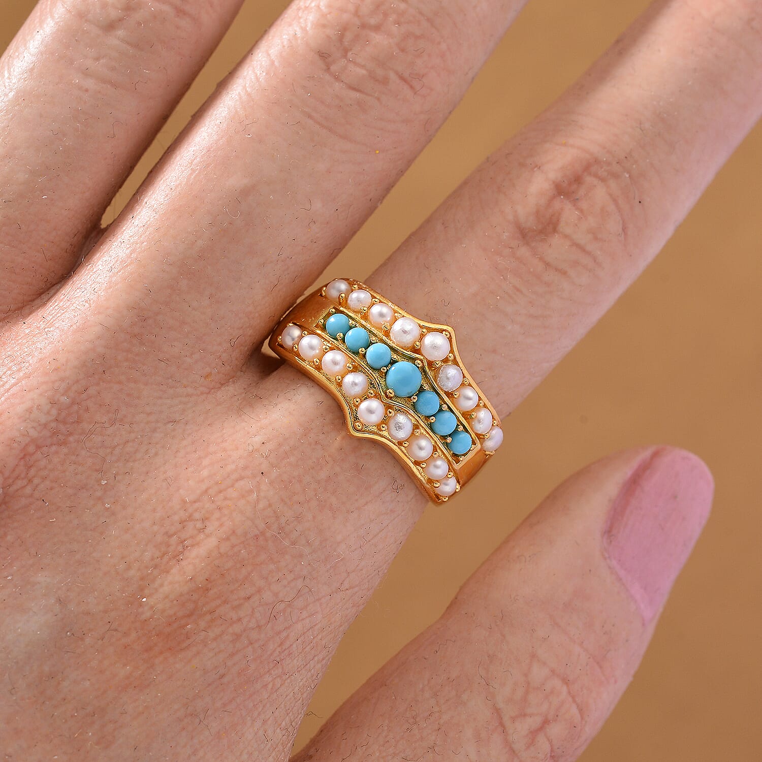 D'Joy Sleeping Beauty Turquoise & Fresh Water Pearl Ring in Yellow Gold Plated Sterling Silver 1.46 Ct.