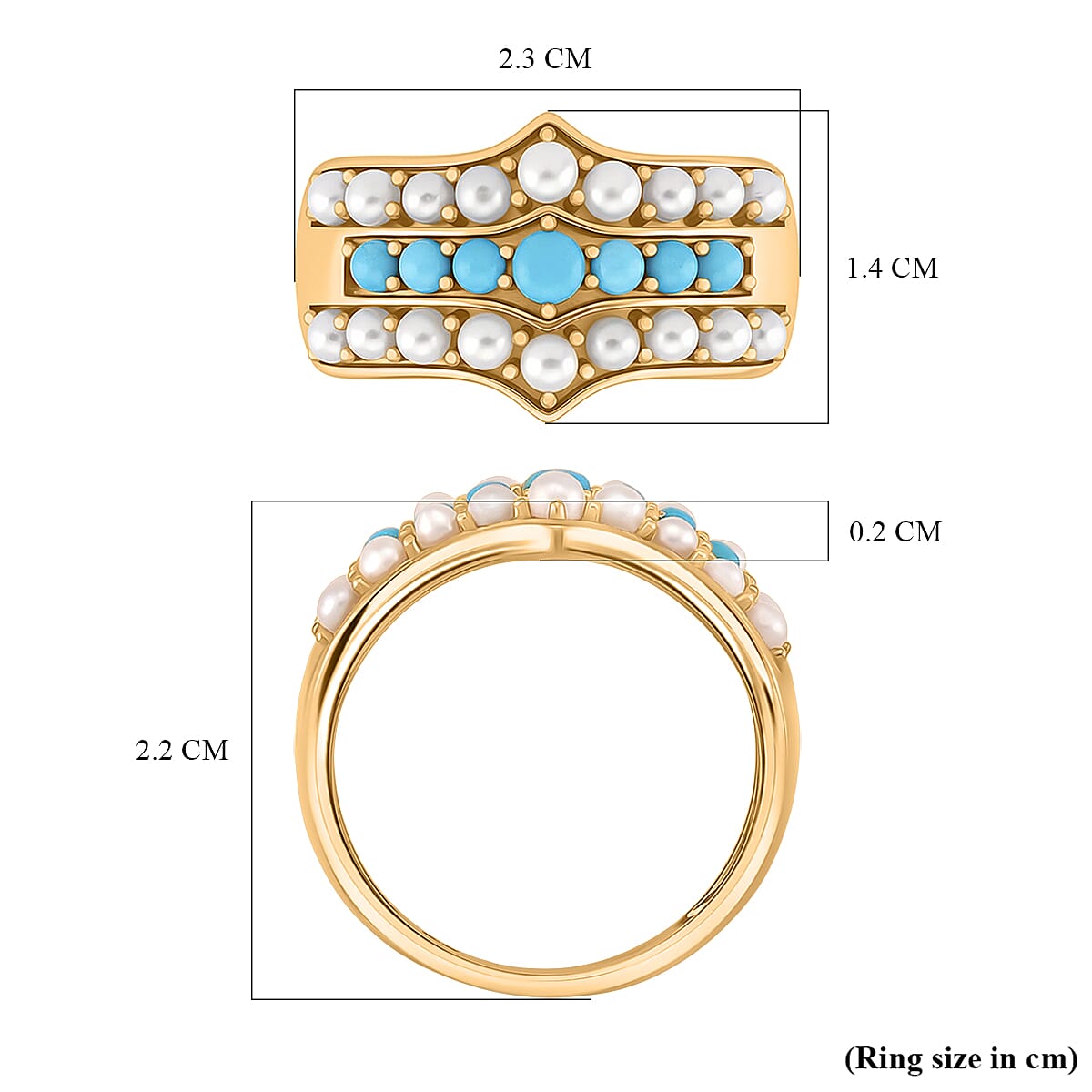 D'Joy Sleeping Beauty Turquoise & Fresh Water Pearl Ring in Yellow Gold Plated Sterling Silver 1.46 Ct.