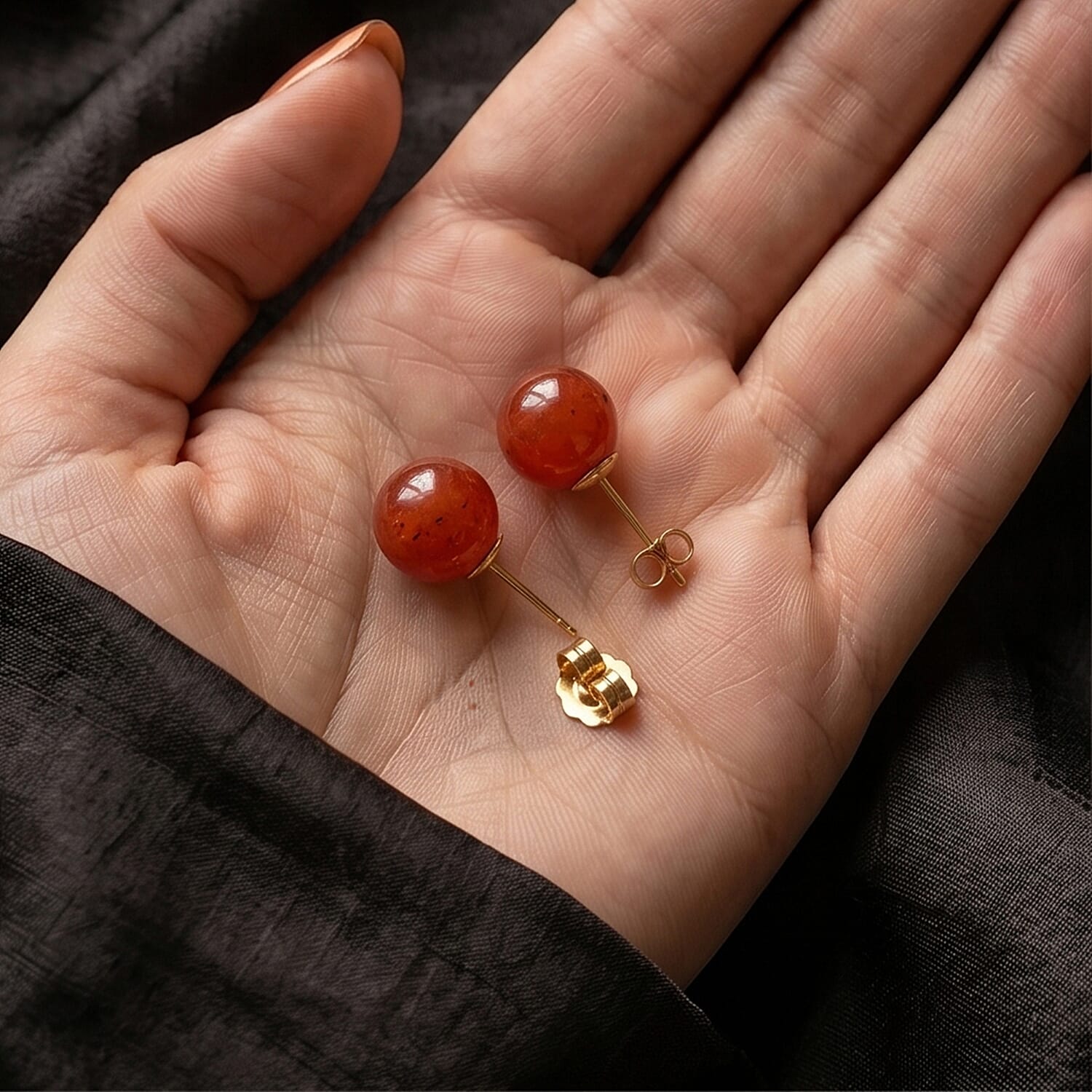 Enhanced Red Jade Bead Stud Earring with Push Back in Yellow Gold Plated Sterling Silver 15.00 Ct.